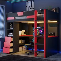 ModernLuxe Assembly Required Twin Size Wooden Gaming Loft Bed with UShaped DeskSmart RGB LED Lights and USB PortsMultiFunctional High Sleeper with 3