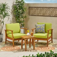 Christopher Knight Home Perla Outdoor Acacia Wood 3-Piece Patio Chat Set with Cushioned Club Chairs Side Table and Water Resistant Cushions Teak and