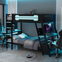 ModernLuxe Assembly Required Twin Size Bunk Bed with Two Built-In Gaming Desks USB Desktop Ports and Pegboard Organizer Gaming Bunk Frame for Gamer