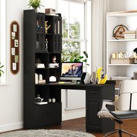 GDFStudio Hudson Modern L Shape Wood Computer Desk with Hutch and Storage Black Large | 333310