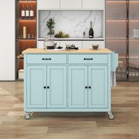 ModernLuxe Kitchen Island Cart with 4 Door Cabinet and Two Drawers and 2 Locking Wheels Solid Wood Top Adjustable Shelves Spice Towel RackMint Green
