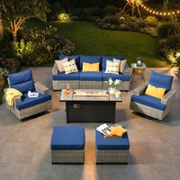 Pouuin 7 -Piece Wicker Patio Sofa Conversation Set with Navy Cushions | SDFPTYZBS706