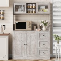 Qeetex Kitchen Pantry Cabinet with Storage Buffet Cabinet with Countertop for Microwave Stand Tall Sideboard Storage Hutch Cabinets with LED 3