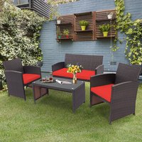 Costway 4PCS Patio Rattan Furniture Set Cushioned Chair Sofa Coffee Table Red Polyester | GMA00096