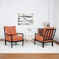 SEYNAR Mid Century Boucle Uplostered Wood Accent Armchair with Cushion Set of 2 in Orange | VD808ORANGES2