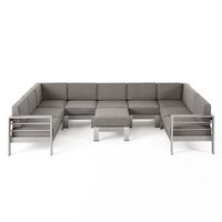 Christopher Knight Home Cape Coral Outdoor Modern 9 Seater Aluminum U Shaped Sofa Sectional Set with Ottoman-Silver, Khaki Polyester | 309868