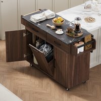 LOVMOR Kitchen Island with Trash Can Storage Cabinet Kitchen Cart with Drop Leaf Spice Rack Towel Rack and Drawer Rolling Kitchen Island on Wheels