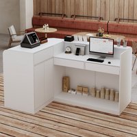 Homsee Modern L-Shaped Reception Desk with Adjustable Shelf 3 Drawers 2 Doors Open Storage and Corner Shelving 70.9''L x 47.2''W x 39.4''H White
