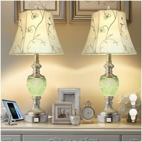 IUEST Bedside Table Lamp Set of 2 with Nightlight and USB A C Ports 27 Inch High Vintage Lamps with Silver Leaf Finish and Embroidered Shade for