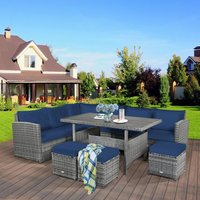 BABOOM Outdoor Wicker Sectional Sofa Set 7 -Piece Mix gray Wicker Patio Dining Set Wicker Rectangle Table with 1 Navy Cushions Stationary Chairs
