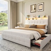 Garvee Queen Size White Soft Plush Fabric Upholstered Bed Frame With Two Storage Drawers LED Light Double Layer Bedside Headboard Charging Socket USB