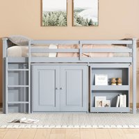 LOVMOR Twin Loft Bed with Storage Cabinet Drawer and Shelf Cabinet and Pulling-Out Desk Rubber Wood Loft Bed with Safety Guardrail Ladder Grey
