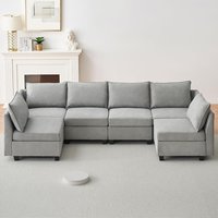 WhizMax 112-Inch Sectional Sofa-6 Seat U-Shaped-Linen Fabric-Grey | PD-PHO-10MO748U