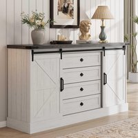 Garvee Farmhouse 4 Drawer Dresser for Bedroom 59 in Wood Dressers With Sliding Barn Doors TV Stand With Large Drawers and Bar Handles White Dressers