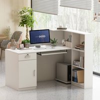 Homsee 55.1 Inch L Shaped White and Black Computer Desk with Shelves Drawer and Keyboard Tray for Home Office or Reception | C-KF250003-01-AB