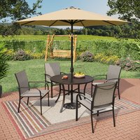 Sunshine Valley Outdoor Table and Chairs 6 -Piece Black Patio Dining Set Steel Round Table with 4 Gray Stationary Chairs and Umbrella Included