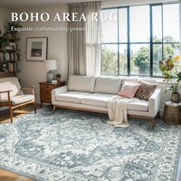 KERDOM - Large Area Rug 8x10 ft Machine Washable for Living Room Boho Vintage Carpet for Dining Room Non Slip Soft Low Pile Thin - Lake Blue