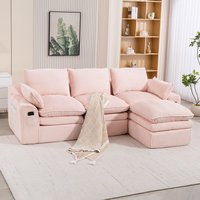 Meqiodas - L Shaped Modular Sectional Sofa Modern Corduroy Boneless Couches with Movable Footstool, With Three Pillows - Pink