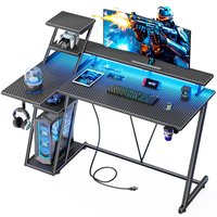 Hirose Alice - nch Gaming Desk with LED Lights & Power Outlet, L Shaped Computer Desk with Storage Shelves, Gamer Workstat - Carbon Fiber Black 47 Inches