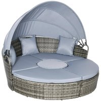 Spaco - 4PC Round Convertible Daybed,Rattan Canopy Ottoman Teapoy,Weatherproof - Light Gray