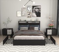 LUCKY ONE - Queen Size Bed Frame with 4 Storage Drawers, Storage Headboard with Charging Station - Black