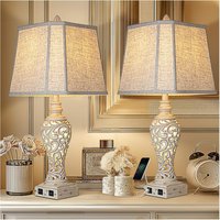 Cozy Serene - Lamp Night Light USB LED Fabric Table Lamps Bedside with Shades Bedroom Living Nightlight Perfect Nightstands - Cream-Set of 2-32 inch