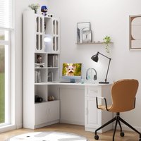 GOODSILO - L-Shaped Corner Computer Desk with Hutch, Drawers & Bookshelf - Modern Style Home Office Study Table - White