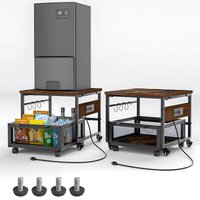 The Best Inks - Mini Fridge Stand With Storage And Wheels Heavy Duty Table Power Outlets For 220lbs Refrigerator Rolling - Retro Brown