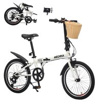 TinyHomie - 20 Inch Folding Bike with Basket Phone Holder and Fenders Steel Frame 6-Speed Dual V-Brake Portable Compact Bicycle - White