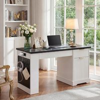 Loheer - L Shaped Desk with Charging Station, Modern Fluted Oak Home Office Desk with File Drawer and Cabinet - Light Oak