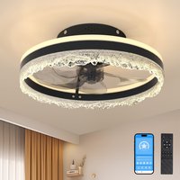 TinyHomie - 16 Quiet Ceiling Fan with Light LED Crystal Flush Mount Fan Lamp with Hidden Blades