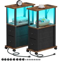 PO3TICJUNKI3 - Narrow End Tables Side With 2 Fabric Drawers Set Of 2 Bedside Charging Station For Spaces Slim Nightstands - Brown