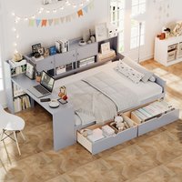 Tiramisubest - Full Size Daybed with Cabinets and 2 Drawers,Multi-functional Daybed Frame with Study Desk and Built-in Bookshelf,Gray - Gray