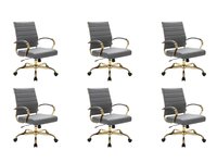 LeisureMod - (Set of 6) Benmar Ergonomic Leather Office Chair with Chrome Gold Steel Frame and Cushioned Armrests for Home Office - Gray