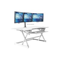 Rocelco - 46" Large Height Adjustable Standing Desk Converter, Quick Sit Stand Up Triple Monitor Riser, Retractable Keyboard Tray - White