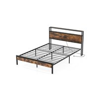 Ecooso - Queen Bed Frame with Storage Headboard, LED Light, Charging Station, No Box Spring Needed, Easy Assembly - Brown