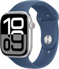 Apple Watch Series 10 (GPS) 46mm Aluminum Case with Denim Sport Band - S/M - Silver - (2024)
