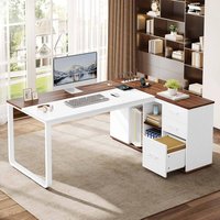 Zell Electronics - 71 Inch White & Walnut L-Shaped Executive Desk with Drawers, File Cabinet & Bookshelf - White & Walnut