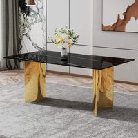 Tiramisubest - 71" Modern Minimalist Dining Table, imitation marble glass desktop with golden metal legs - Black