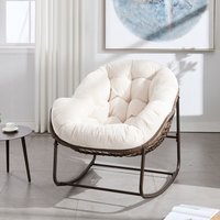 Tiramisubest - Outdoor Rattan Rocking Chair,Padded Velvet Cushion Rocker Recliner Chair for Porch,Living Room,Patio,Garden - White