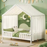 TinyHomie - Full Size Montessori Floor Bed with Canopy House Shape High Railings Wood Kids Bed White - White