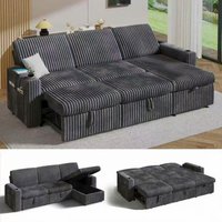 Dyonery - 101-in  Sectional Sofa Bed with Reclining Backrest/USB Ports/Cup Holders, Tool Free Assembly, Plush Corduroy - Gray