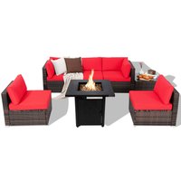 Gymax - Set of 7 Patio Furniture Set w/ 28'' 50000 BTU Propane Gas Fire Pit Table Cushions Red - Mix Brown, Red