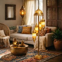FC Design - 63"H Gold Base Spiral Turkish Lamp w/ 5 Yellow Mosaic Lantern Bulbs