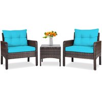 Ecooso - 3 Pieces Outdoor Patio Rattan Conversation Set with Seat Cushions - Turquoise