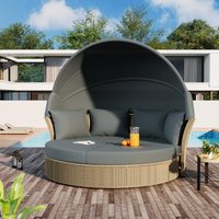 Tiramisubest - Outdoor Wicker Rattan Double Daybed Round Sofa Furniture Set w/Retractable Canopy,4 Pillows for Patio,Garden,Pool,Grey - Gray