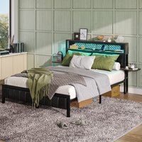 Bestier - King Size Bed Frame with Upholstered Headboard Built-in Storage LED Lighting and Charging Station - Brown