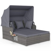 Gymax - Patio Rattan Daybed Lounge Retractable Top Canopy Side Tables Cushions Grey - Gray