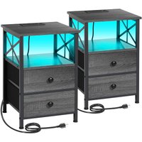 PO3TICJUNKI3 - Night Stand Set 2 Led Nightstand With Charging Station End Tables Living Room Fabric Drawers Bedside Table - Dark Gray