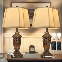 Cozy Serene - White Table Lamp Lamp Touch Vintage USB FABRIC Control Traditional Bedside Nightstand Lamps with Dual - Brown-5